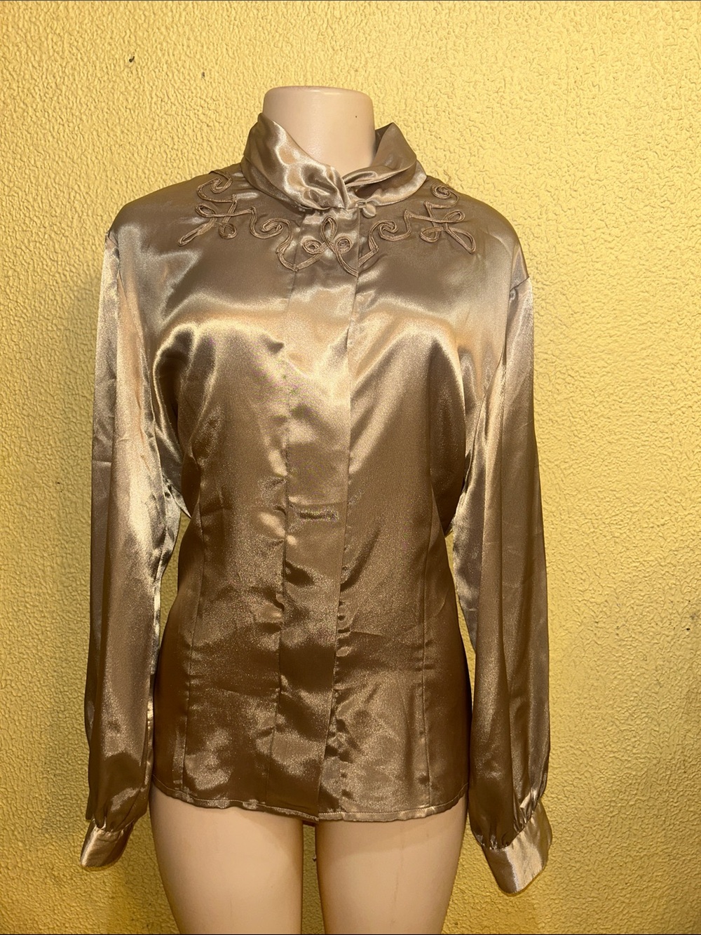 Jordan Champagne Satin Mandarin Collar Button-Down Top